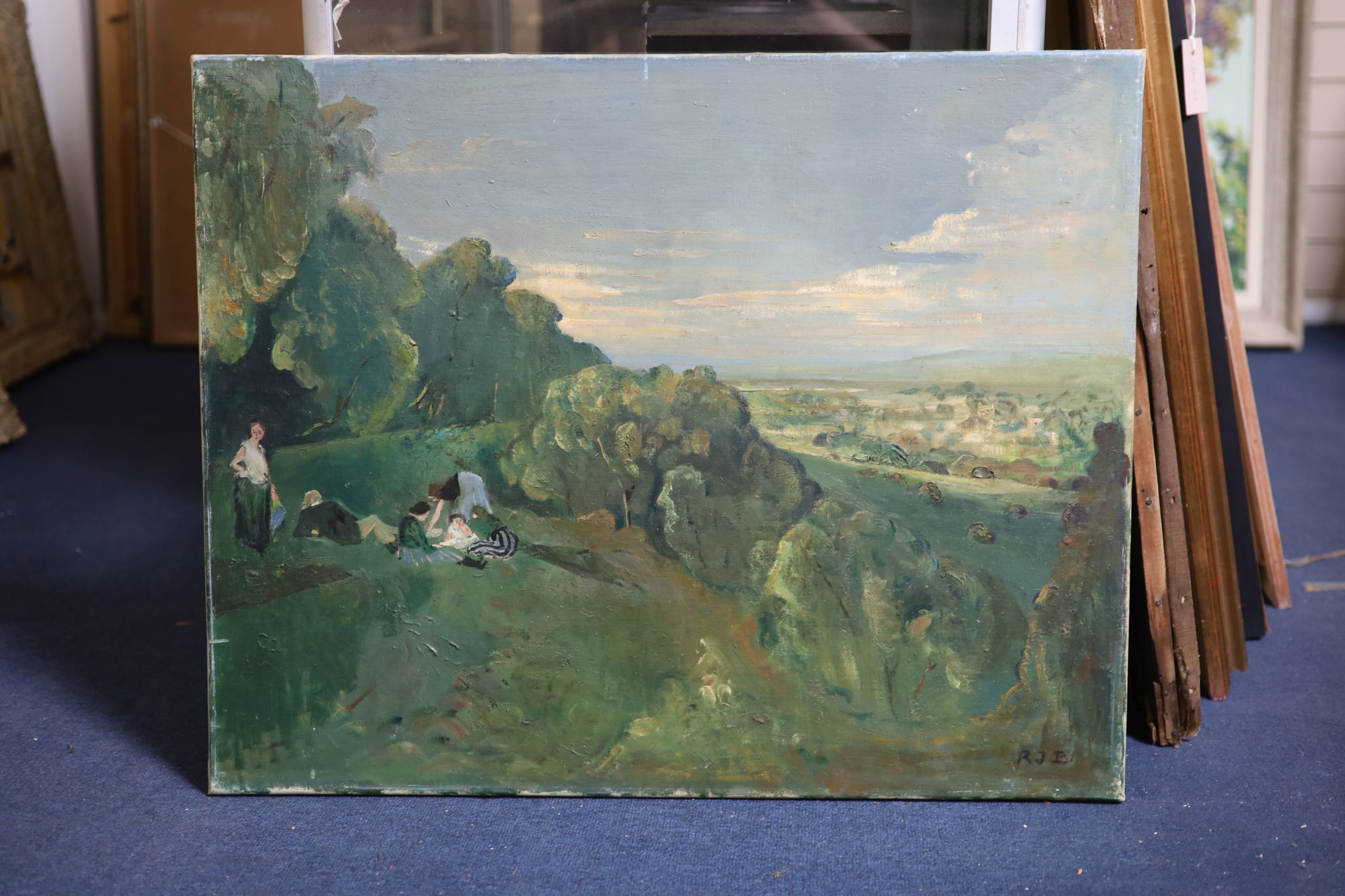 Rodney Joseph Burn (1899-1984), Picnickers in a landscape, Oil on canvas, 61 x 75 cm. unframed.